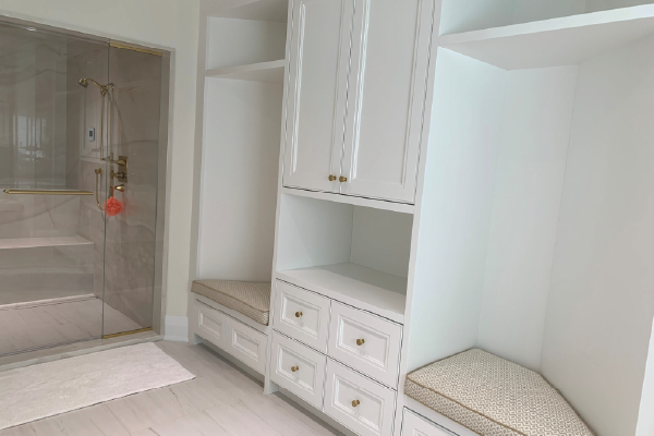 Custom Sauna Cabana Built in cabinet with custom cushion. New tile selection