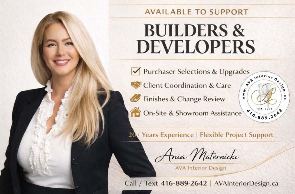 Available to support Builders and Developers with purchaser selections and upgrades, client coordination and care, finishes, on site showroom assistance. 